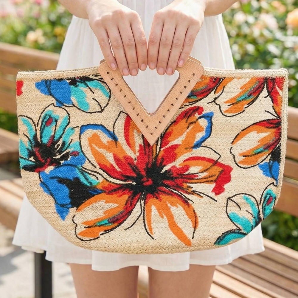 Floral Printed Jute Rectangle Tote Bag