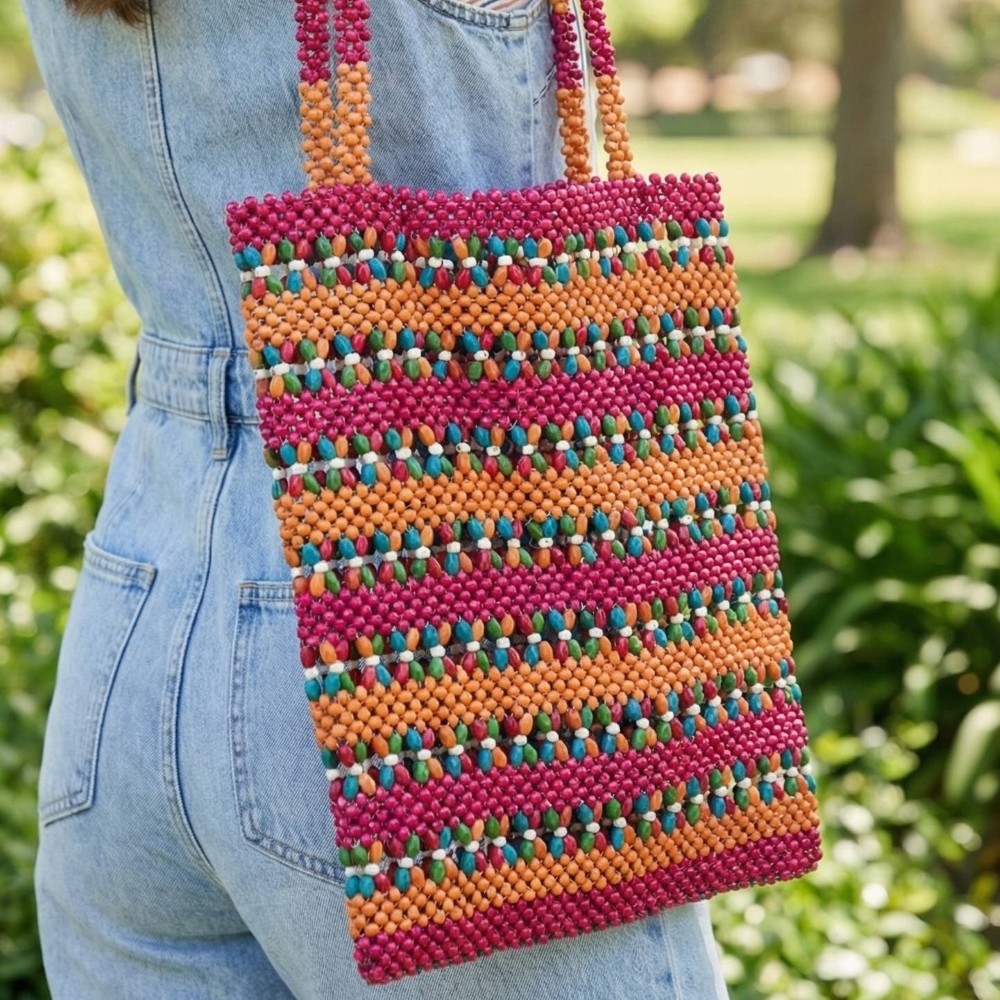Vibrant Wooden Beaded Tote Bag
