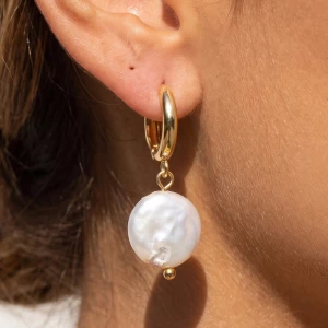 18K Gold Dipped Coin Pearl Huggie Drop Earrings