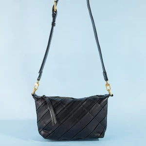 Woven Vegan Leather Zip Top Crossbody Bag