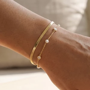 18K Gold Dipped Cz Station Chain Two Piece Bracelet Set