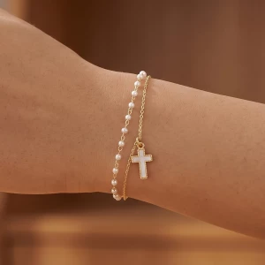 18K Gold Dipped Cross Charm Pearl Chain Bracelet Set