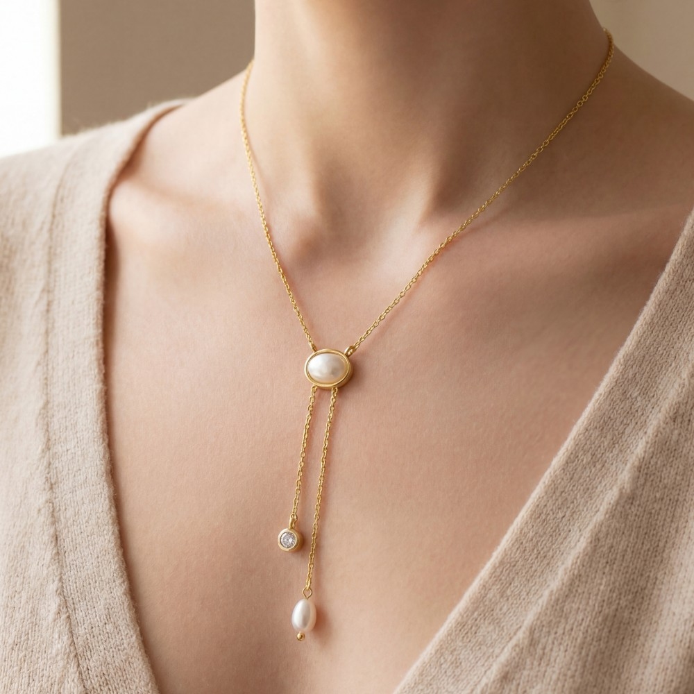 Gold Dipped Oval Pearl Lariat Necklace