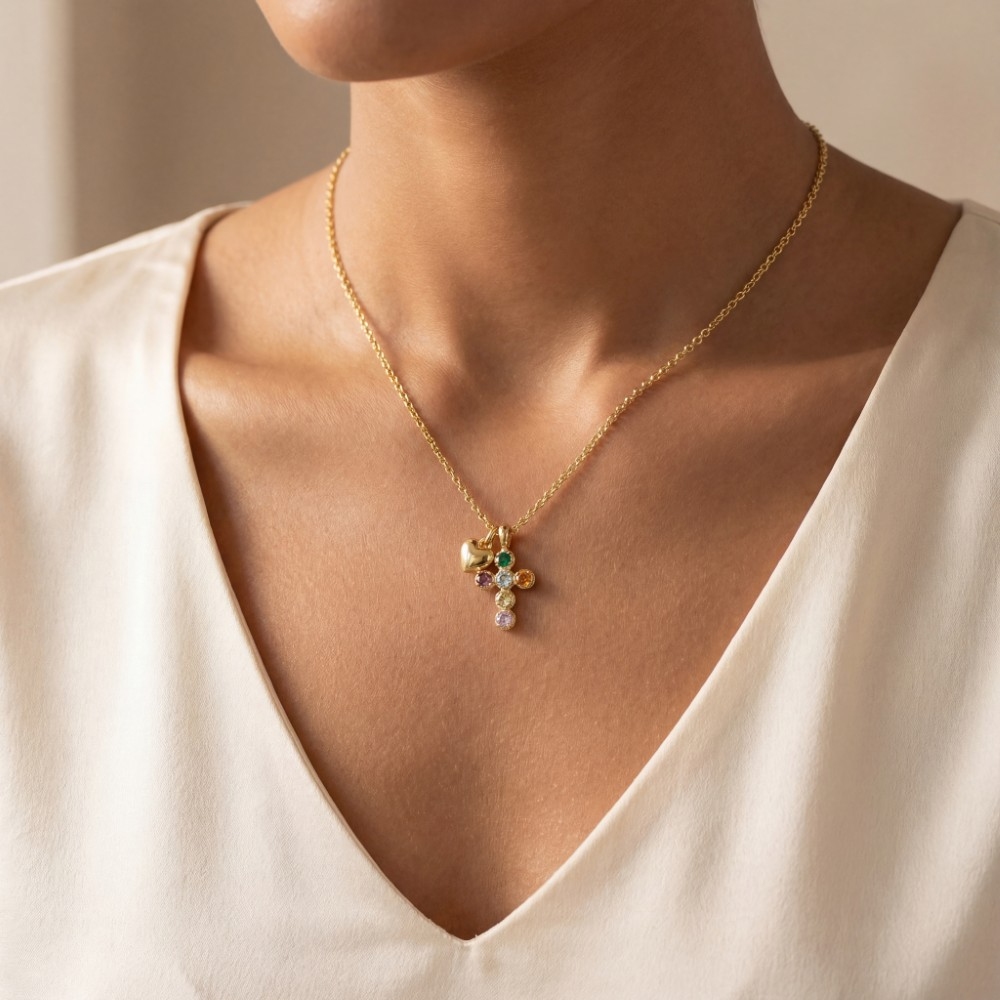 Gold Dipped Cz Cross And Heart Pendants Necklace