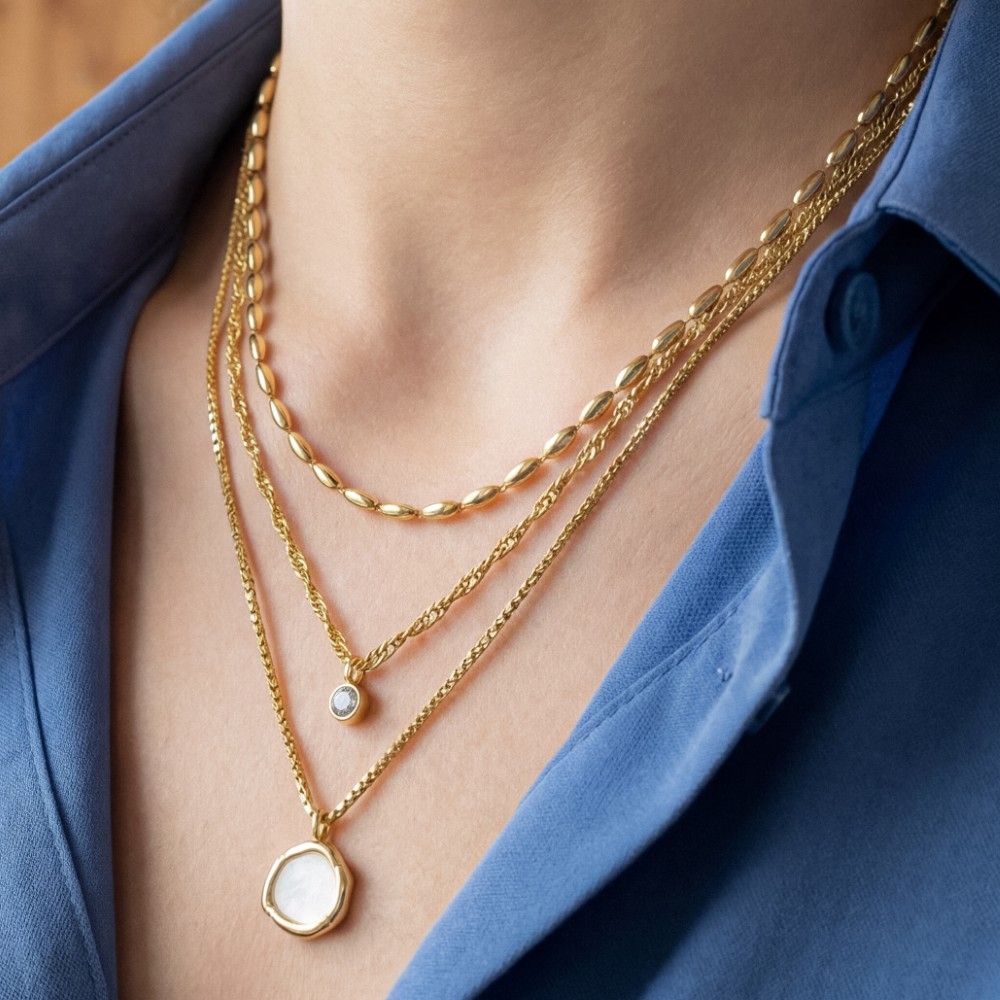 Three Layered Chain Cz Charm Necklace