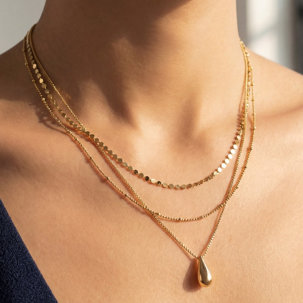 Triple Layered Chain Teardrop Pendant Necklace