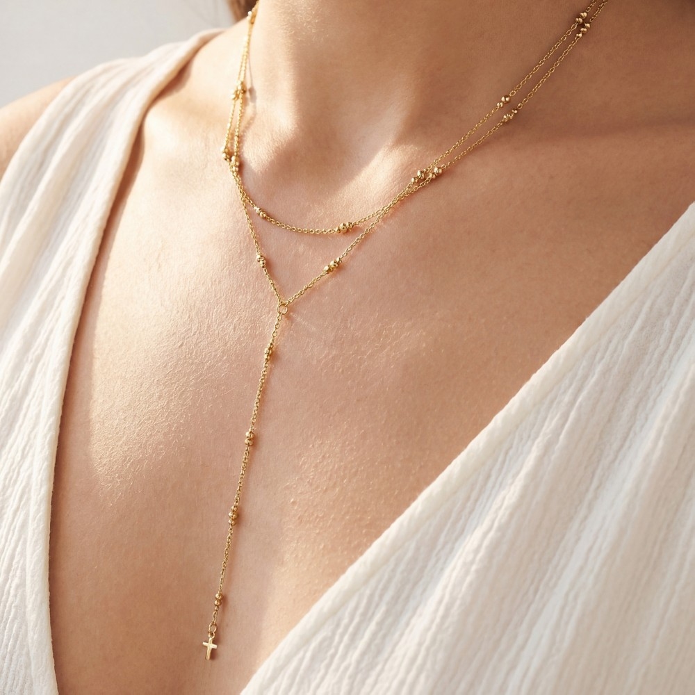 Dainty Layered Mini Cross Pendant Y Necklace