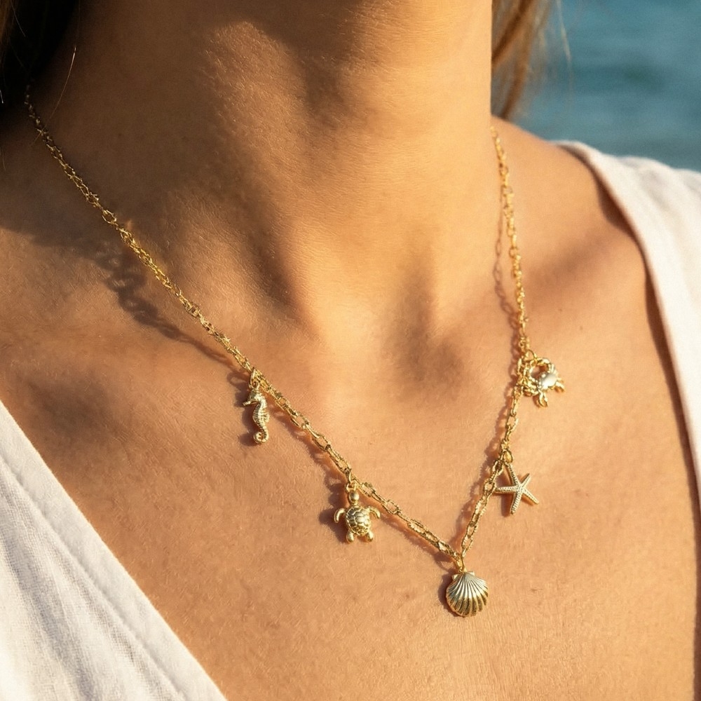Gold Dipped Sea Life Charms Pendant Necklace
