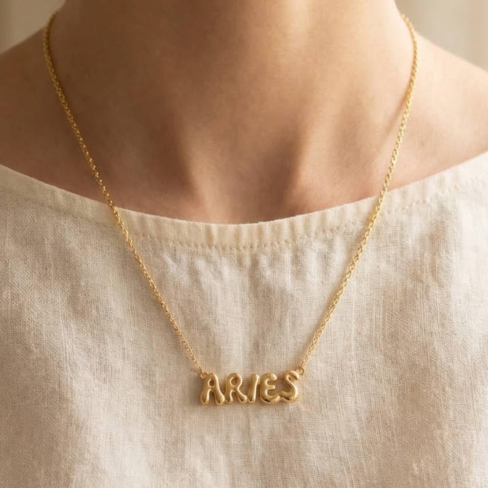 Gold Dipped Zodiac Bubble Letter Bar Necklace