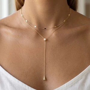 18K Gold Dipped Pearl Teardrop Y Layered Necklace