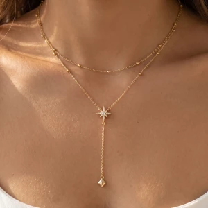 Layered Pave Star Station Chain Y Necklace