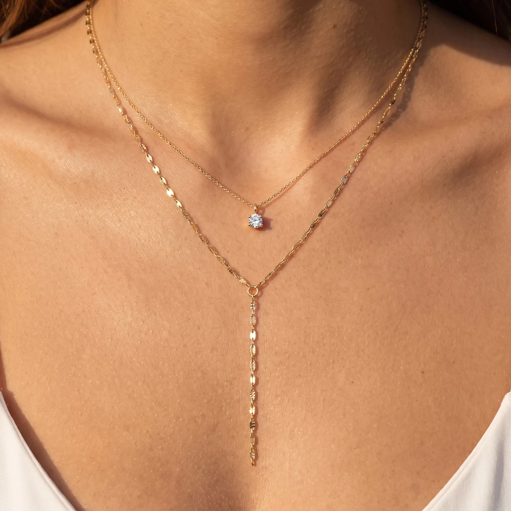 Layered Prong Set Solitaire Cz Y Necklace