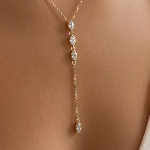 18K Gold Dipped Bezel Marquise Cz Linear Y Necklace