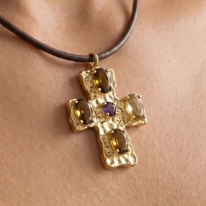 18K Gold Dipped Hammered Cz Cross Pendant Cord Necklace
