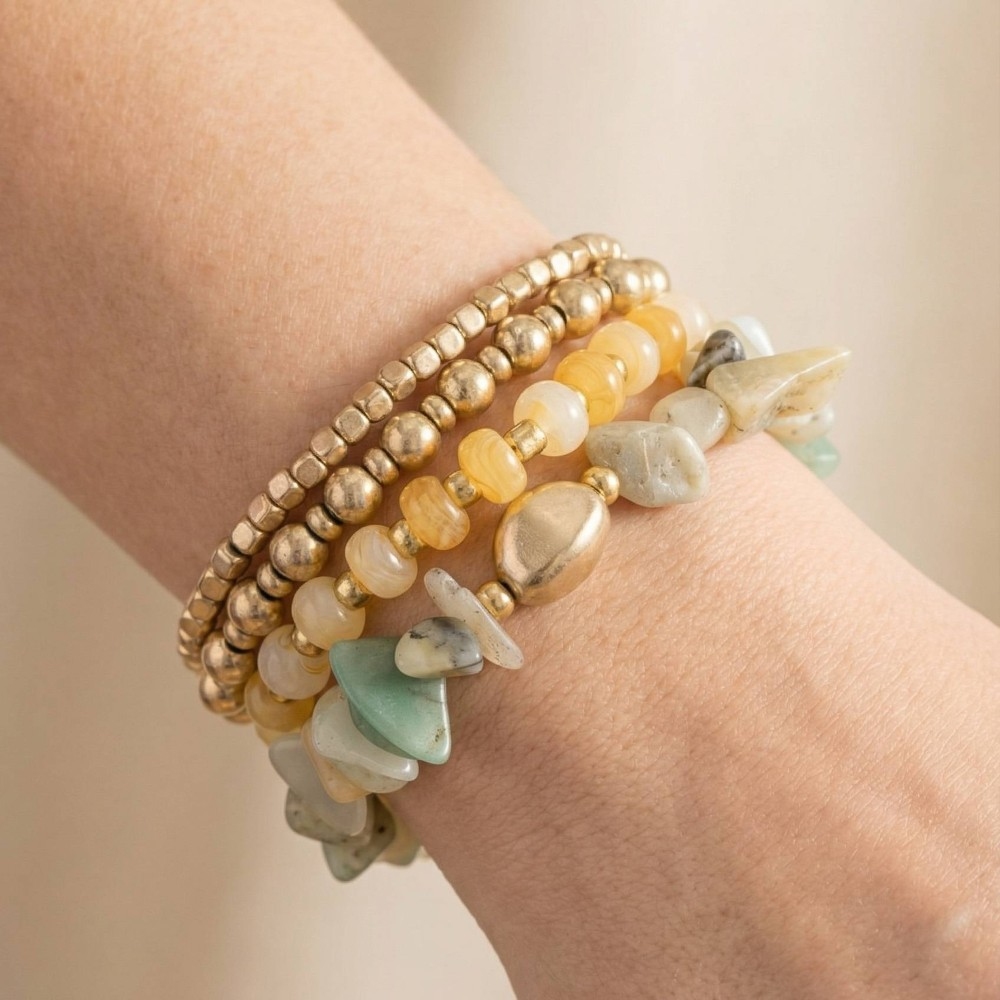 Metallic And Chip Stone Mixed Beaded Bracelet Set