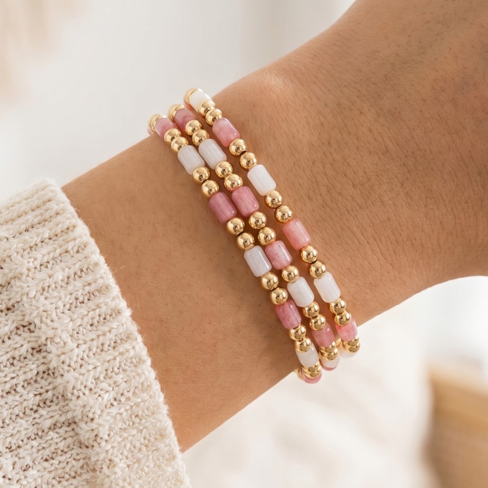 Tube & Gold Ball Beaded Stretch Bracelet Set