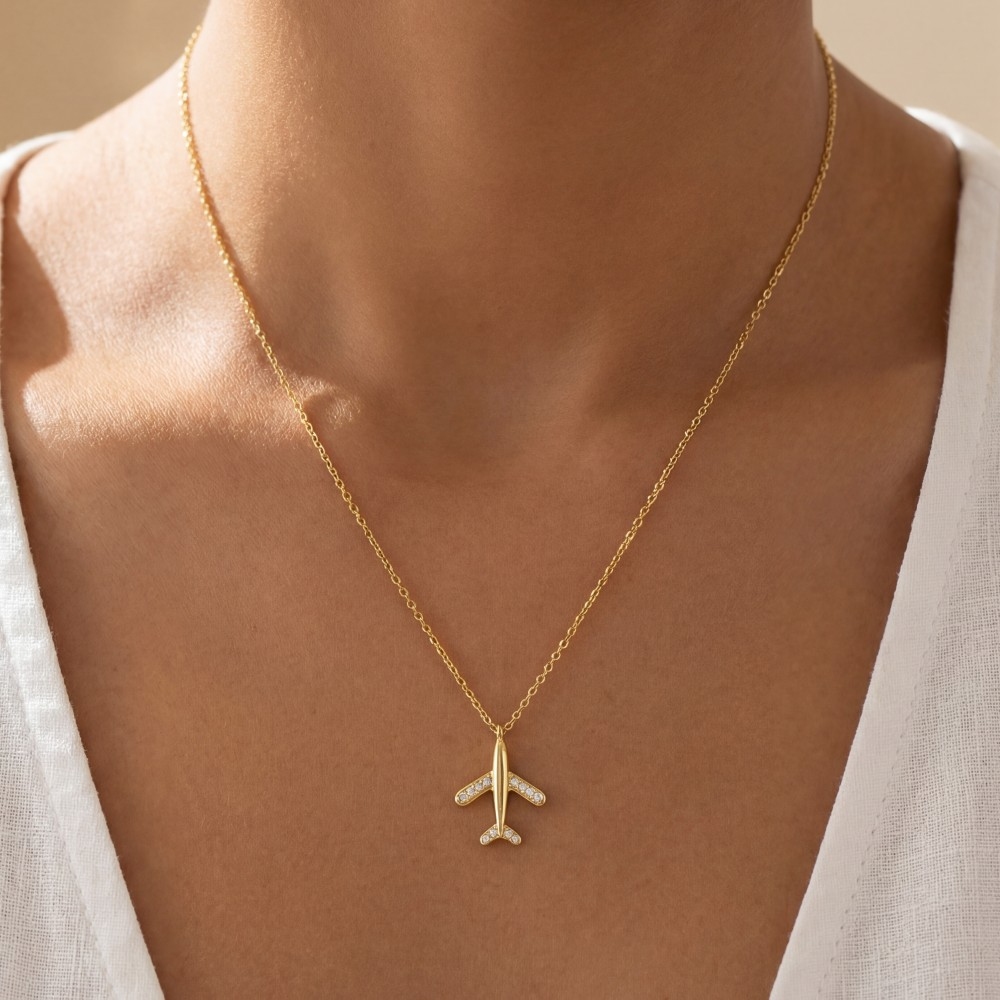 Gold Dipped Pave Airplane Pendant Necklace