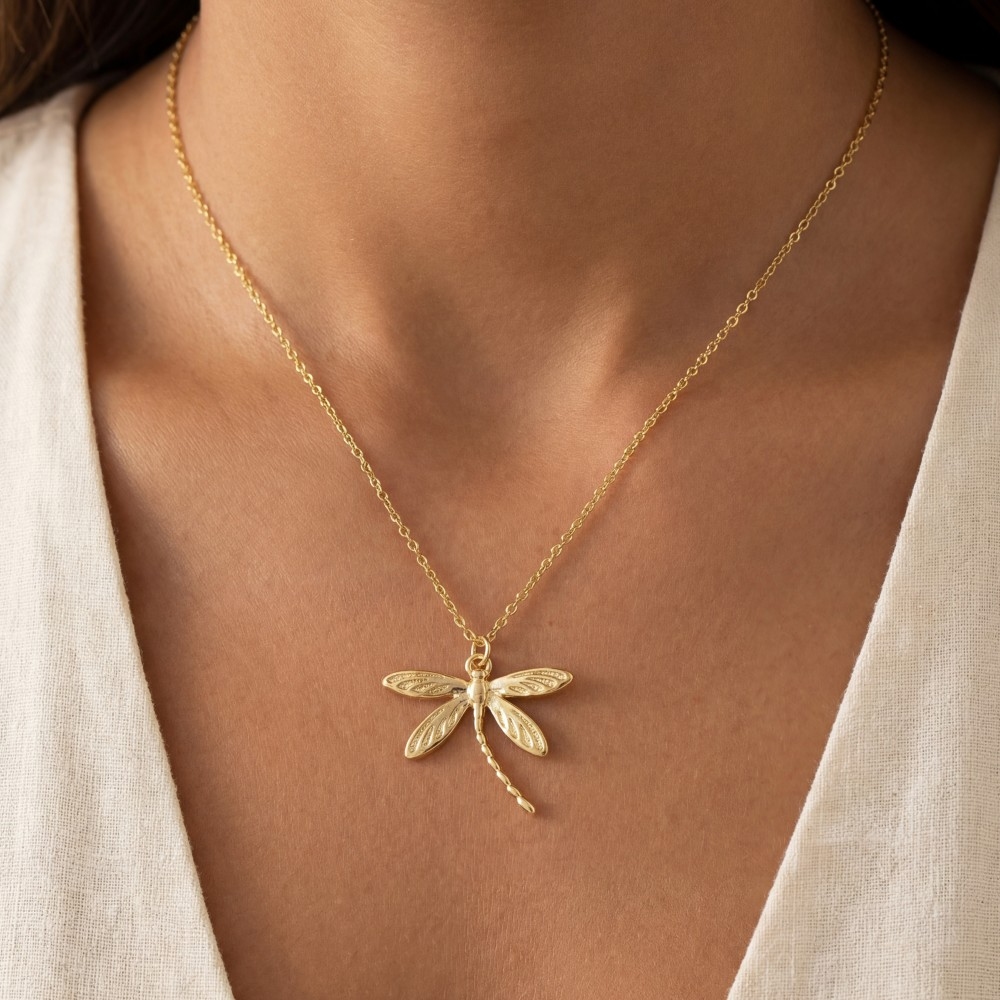 Gold Dipped Dragonfly Pendant Necklace