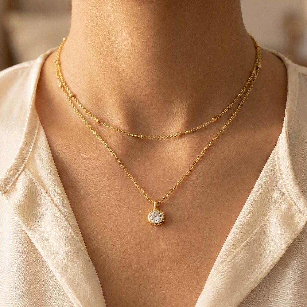Gold Dipped Dainty Chain Layered Cz Charm Necklace
