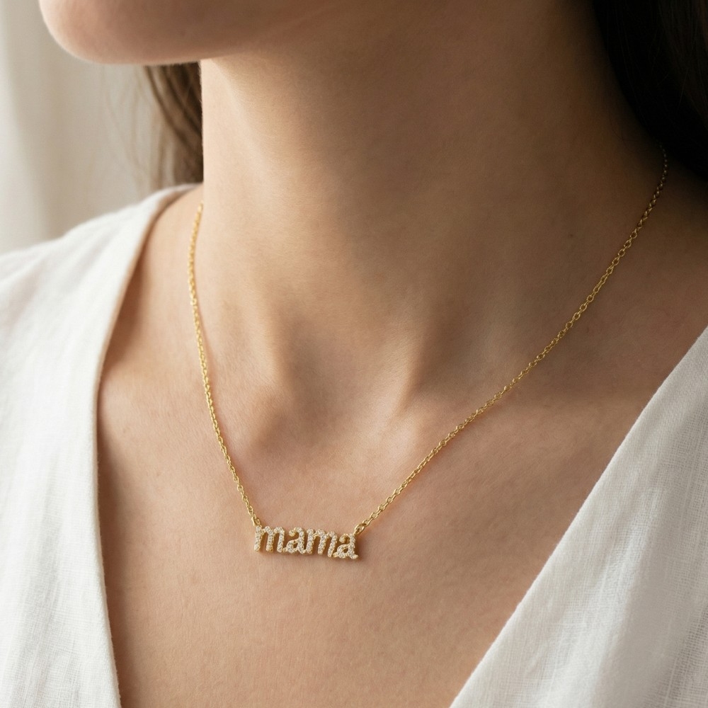 Gold Dipped Cz Pave Mama Pendant Necklace