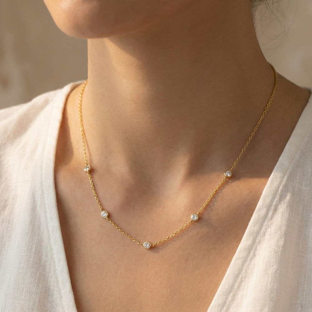 Gold Dipped Mini Cz Station Chain Necklace