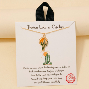 Gold Dipped Enamel Sunrise Cactus Pendant Necklace