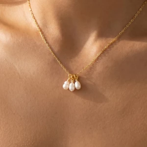 18K Gold Dipped Triple Pearl Charm Necklace
