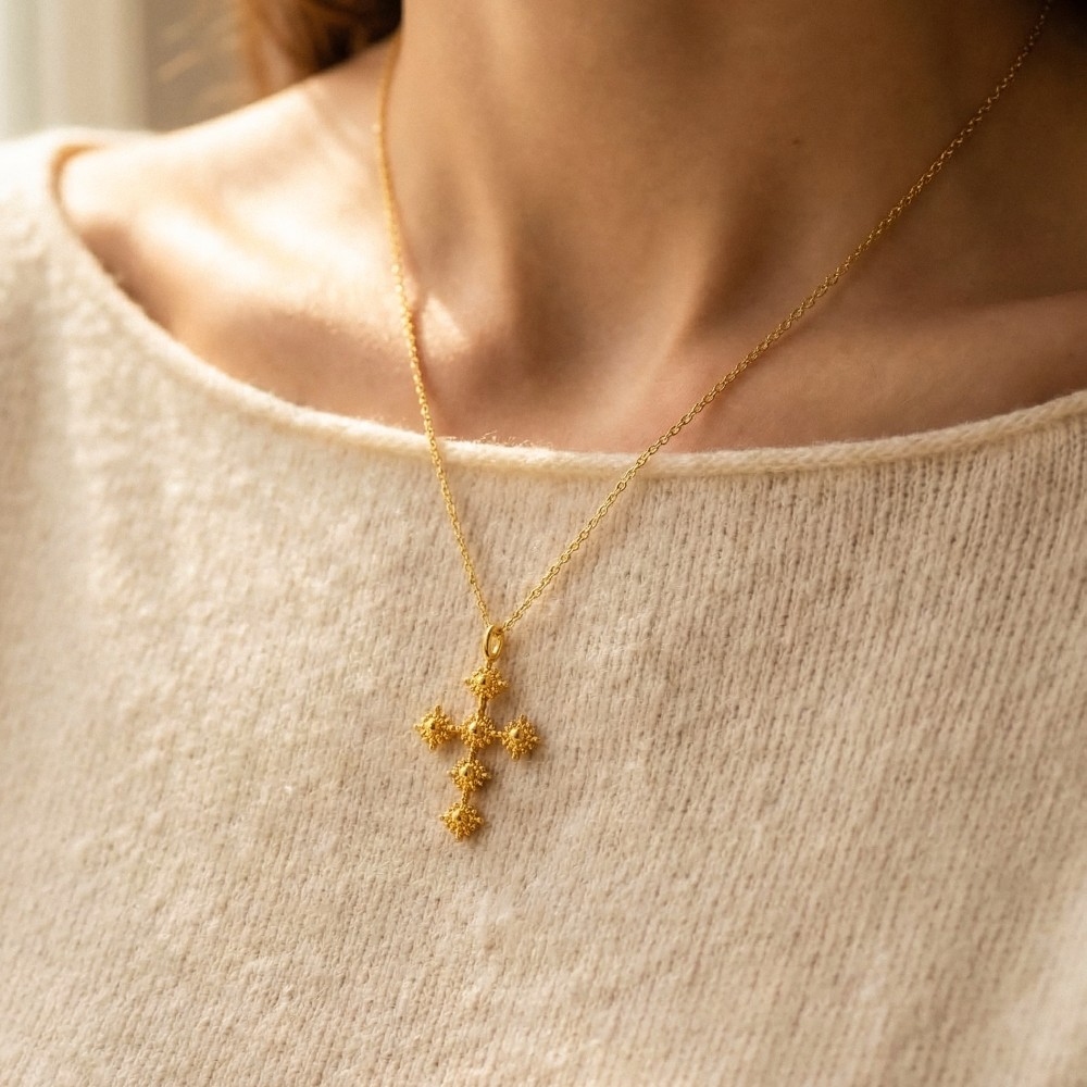 Gold Dipped Starburst Cluster Cross Pendant Necklace