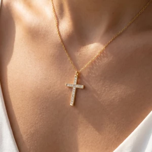 18K Gold Dipped Cz Cross Pendant Necklace