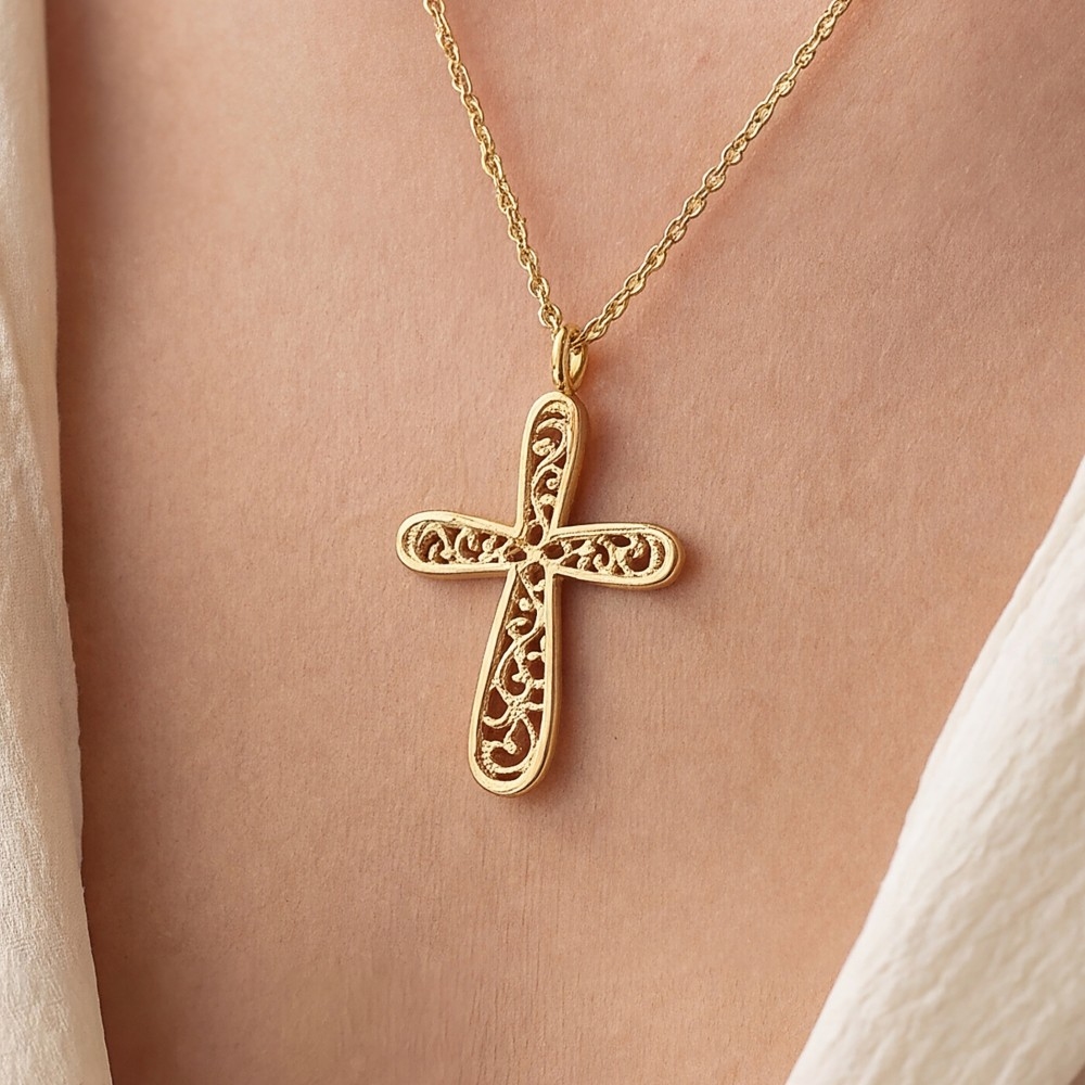Gold Dipped Filigree Cross Pendant Necklace