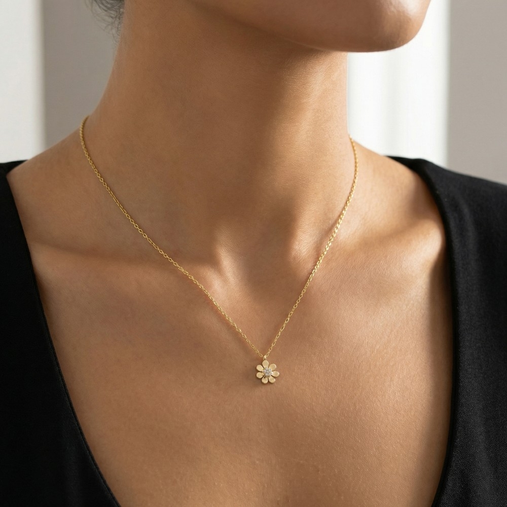 Gold Dipped Cz Flower Blossom Pendant Necklace