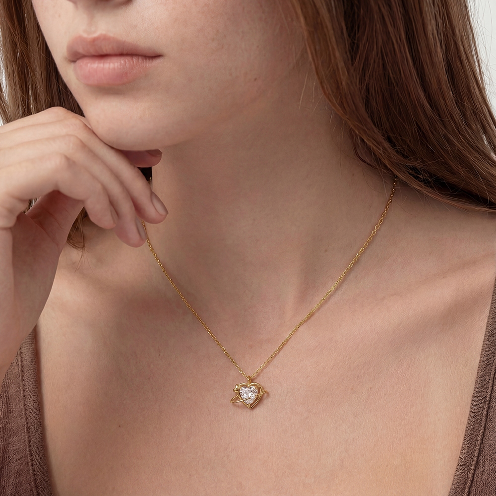 Gold Dipped Orbiting Cz Heart Pendant Necklace