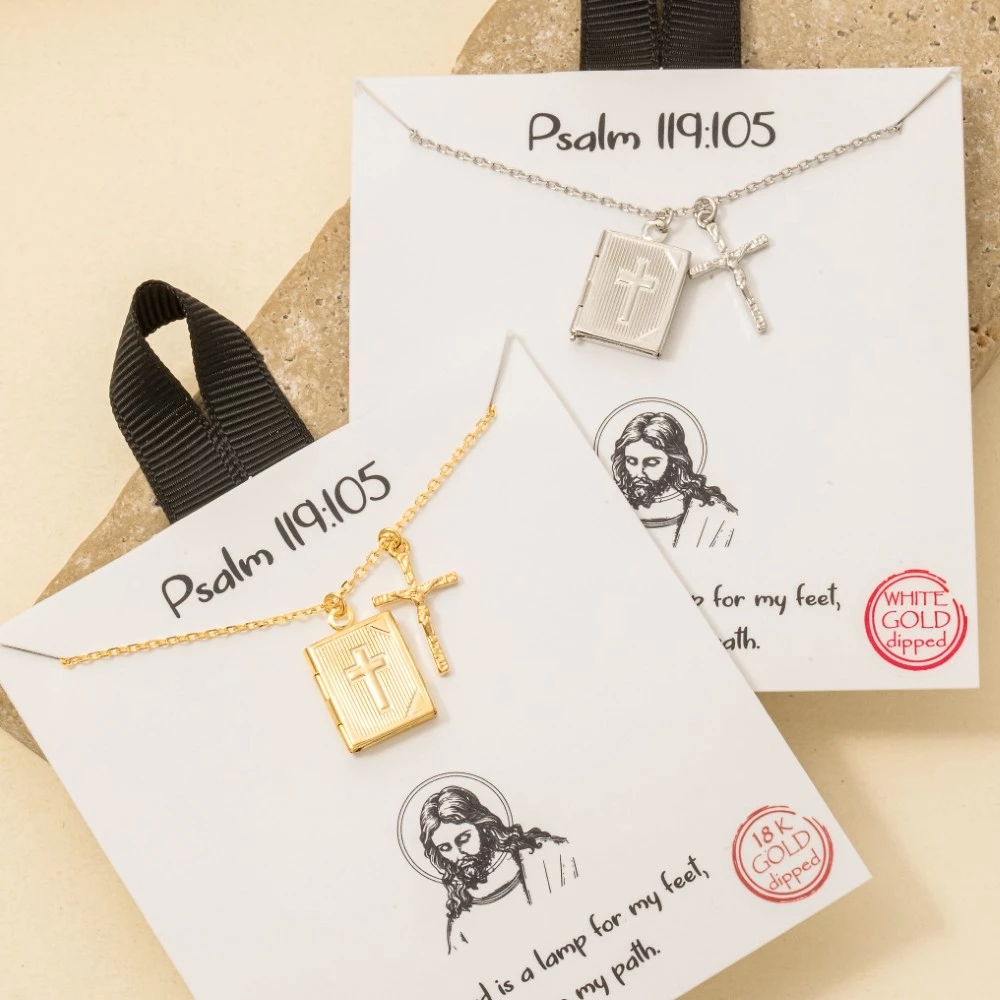 Gold Dipped Crucifix And Bible Locket Pendant Necklace
