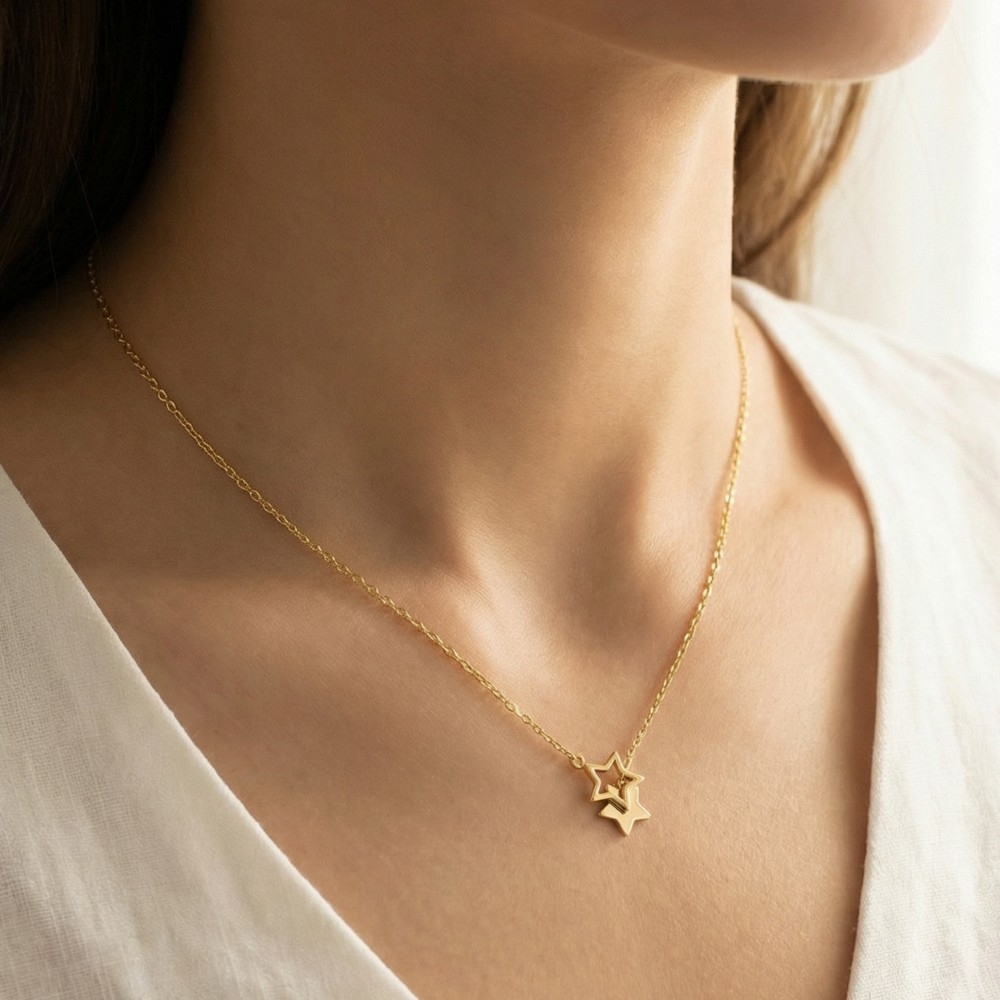 Gold Dipped Double Star Pendant Necklace