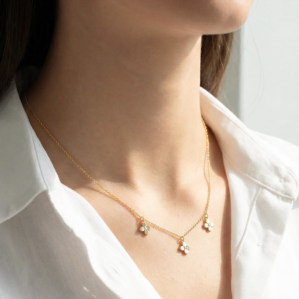 Gold Dipped Cz Clover Charms Chain Necklace