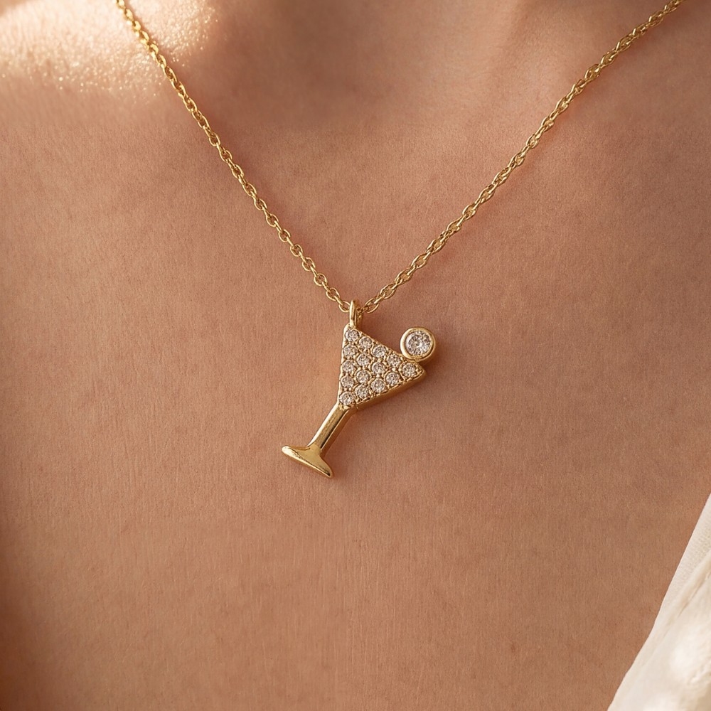 Gold Dipped Pave Martini Glass Pendant Necklace