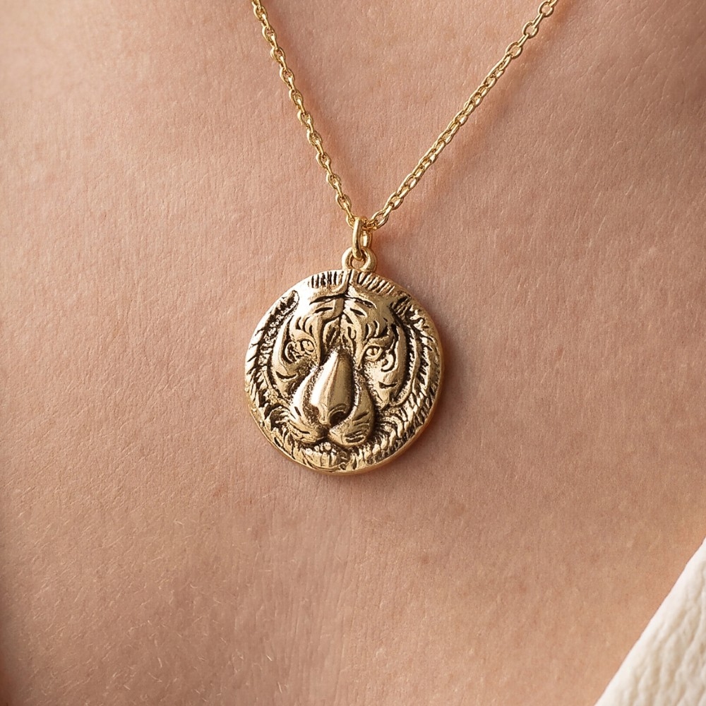 Gold Dipped Antique Apex Tiger Face Pendant Necklace