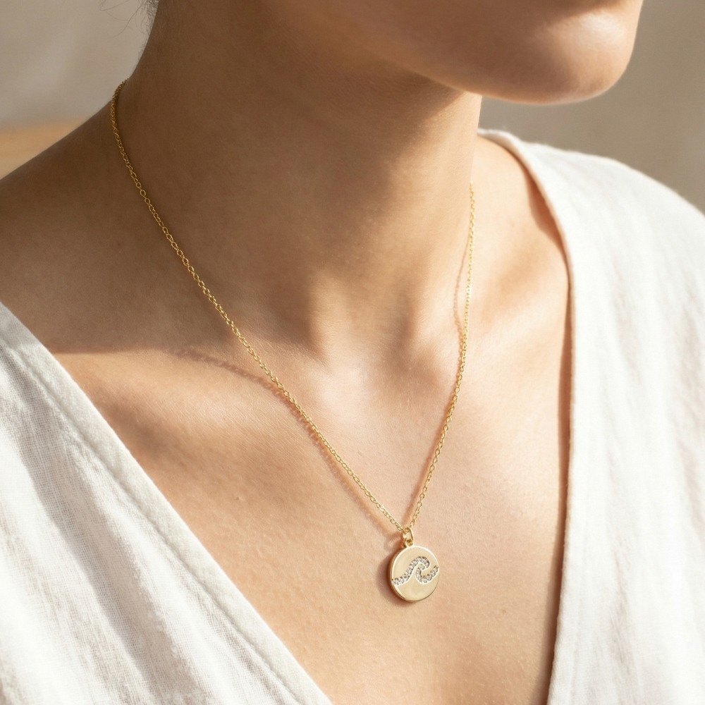 Gold Dipped Cz Pave Wave Coin Pendant Necklace