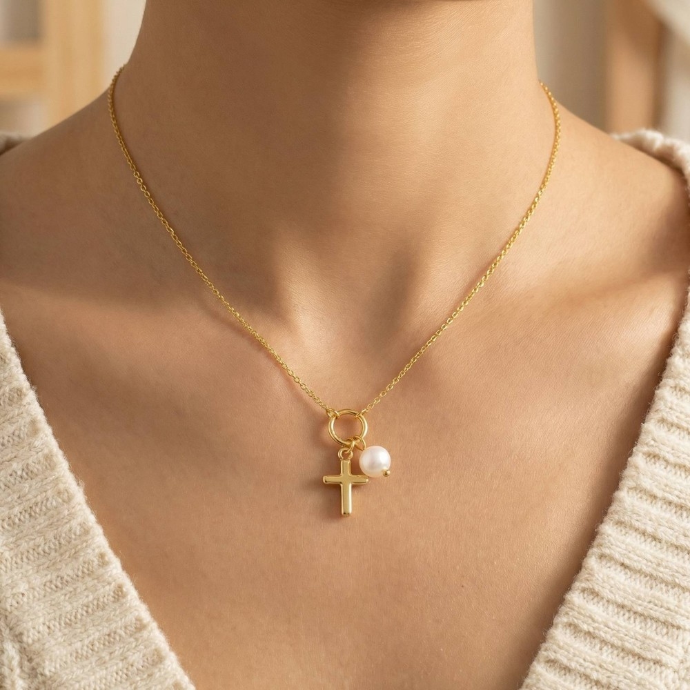 Gold Dipped Cross And Pearl Charms Necklace