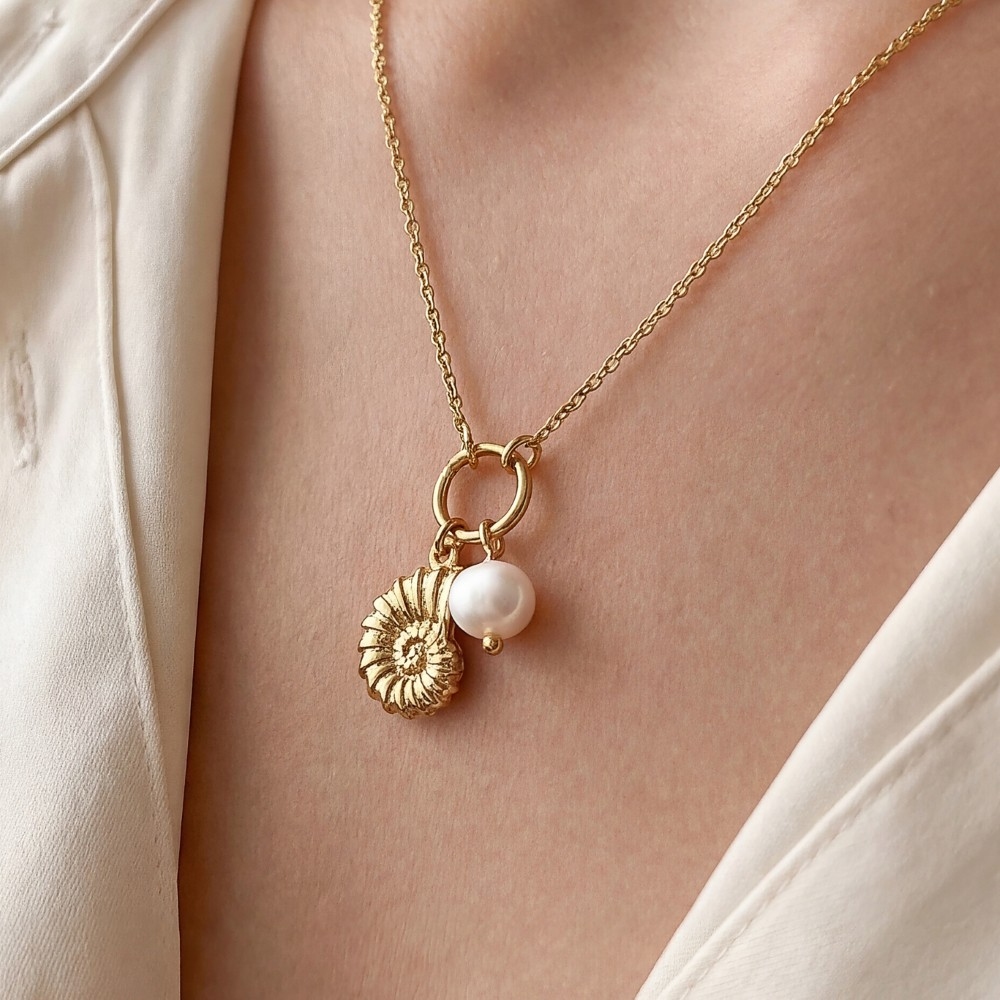 Gold Dipped Seashell And Pearl Pendant Necklace