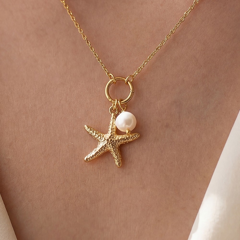 Gold Dipped Textured Starfish And Pearl Pendant Necklace