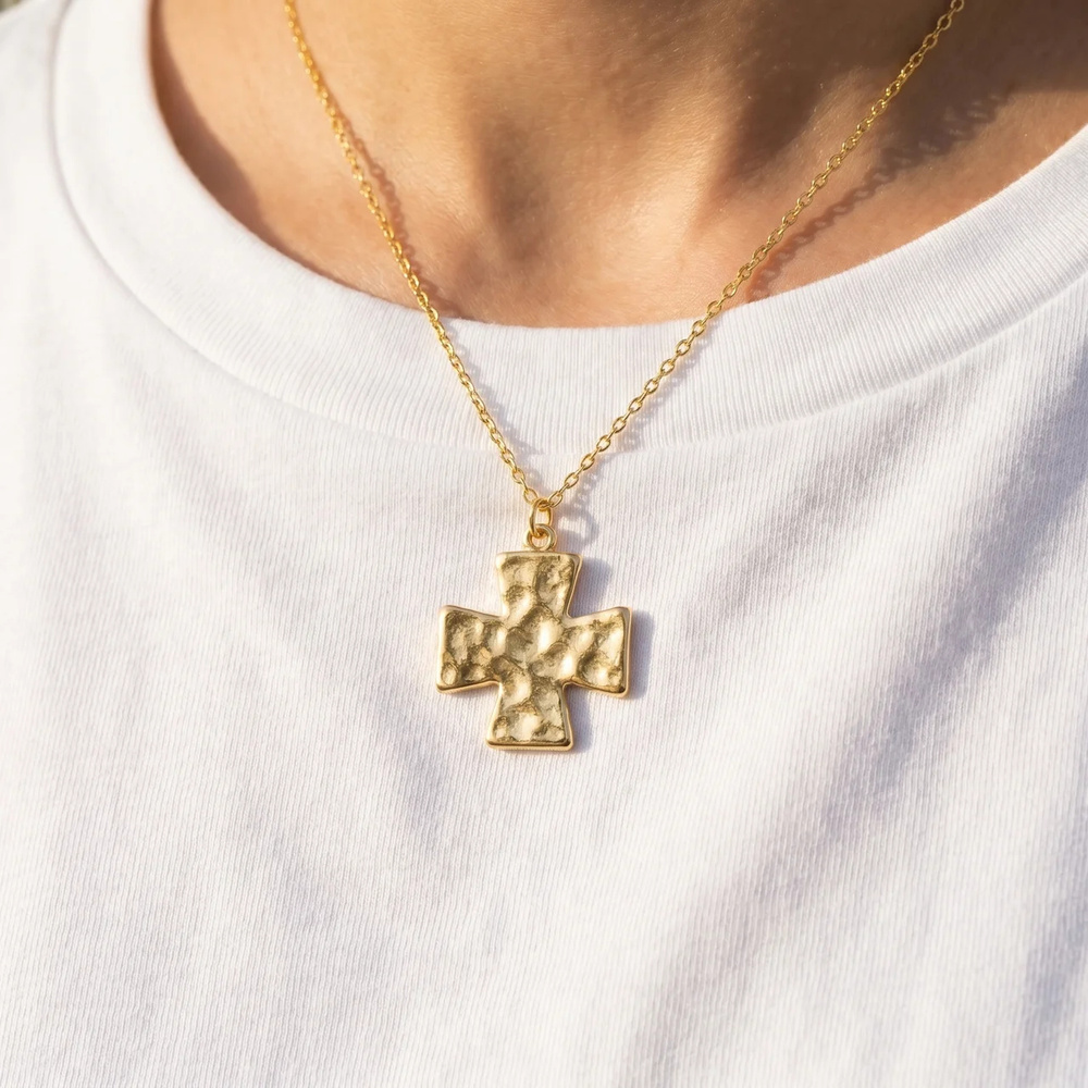 18K Gold Dipped Hammered Greek Cross Necklace
