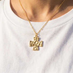 18K Gold Dipped Hammered Greek Cross Necklace
