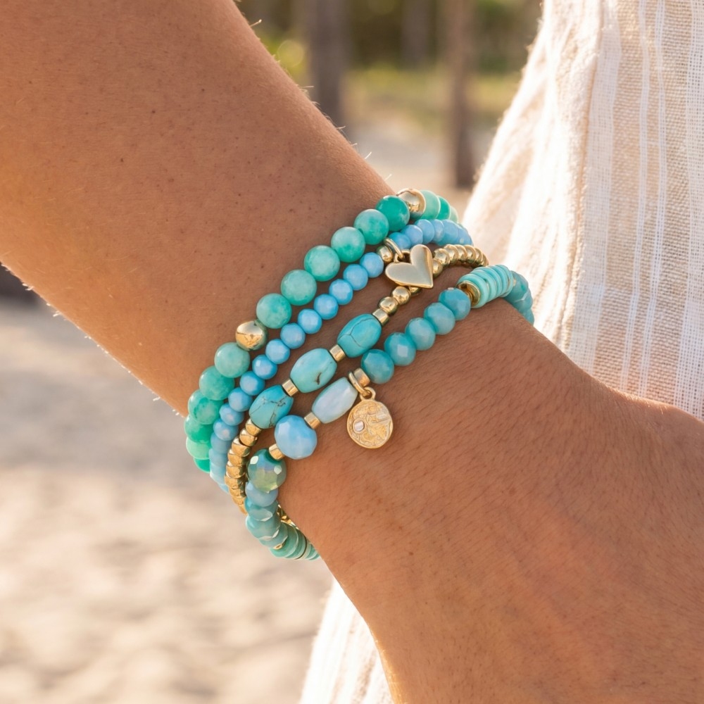 Beaded Stone Stretch Bracelet Set With Gold Heart & Coin Charms