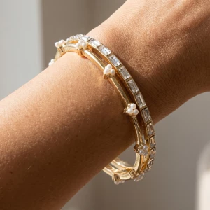 Baguette Crystal And Pearl Bangle Bracelet
