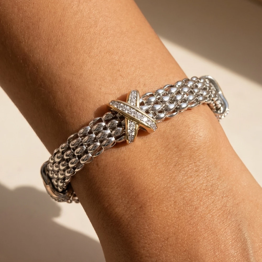 Woven Mesh Cz X Station Bracelet