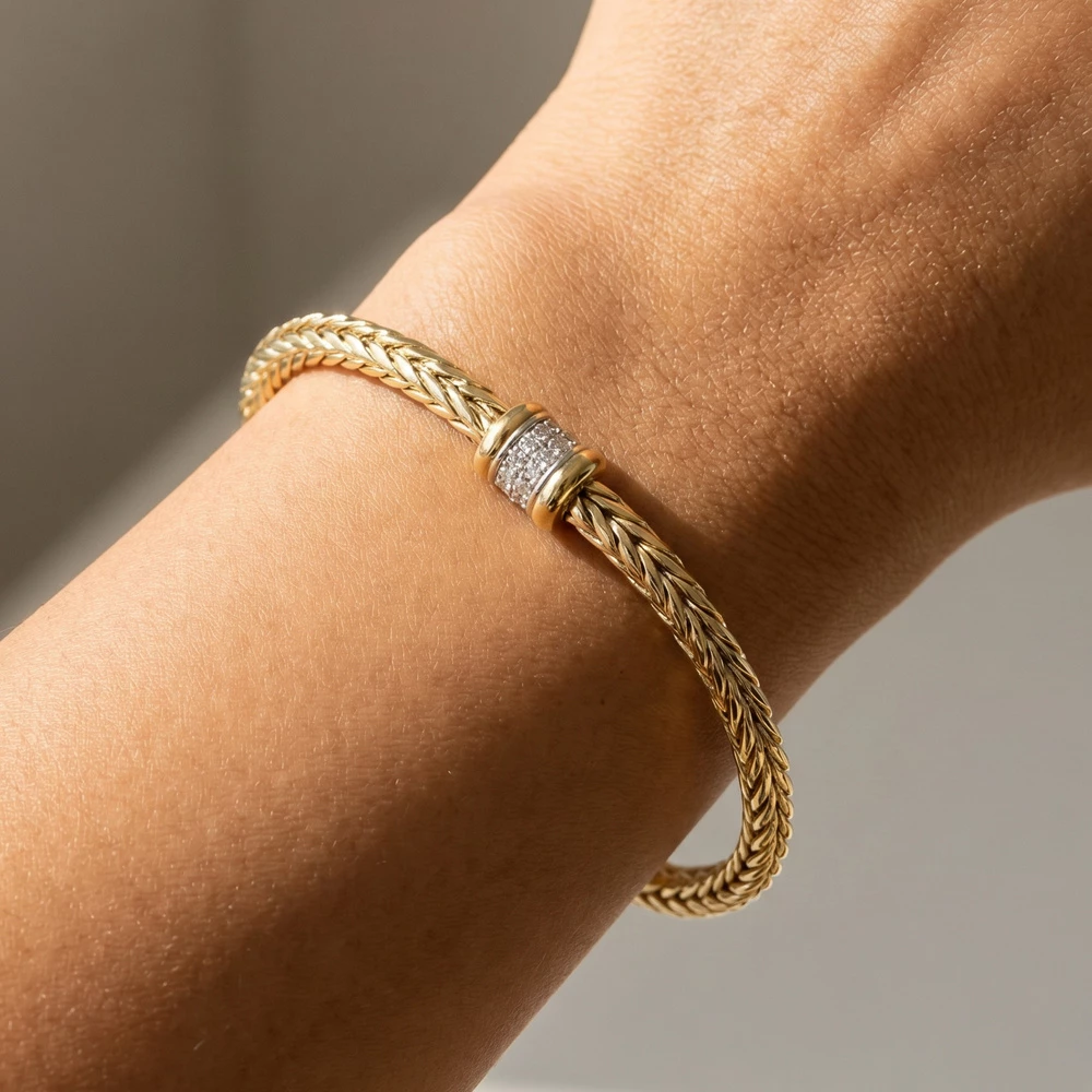 Woven Herringbone Chain Cz Pave Rondelle Bracelet
