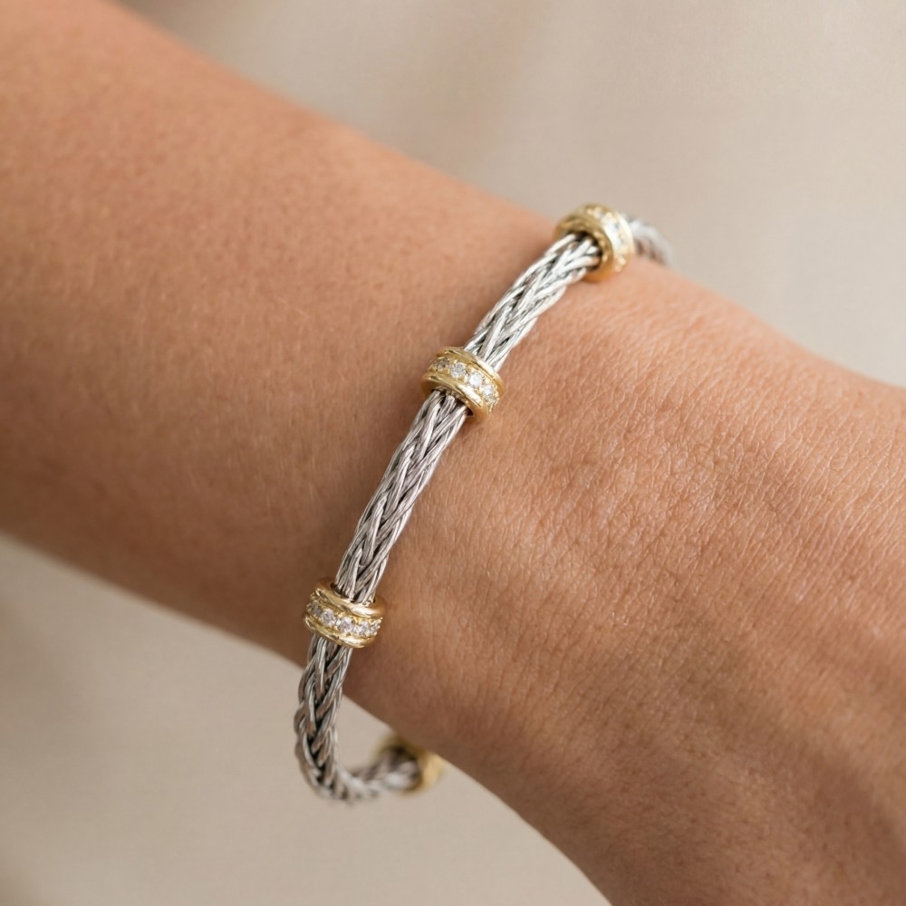 Two Tone Cz Wheat Chain Cuff Bracelet