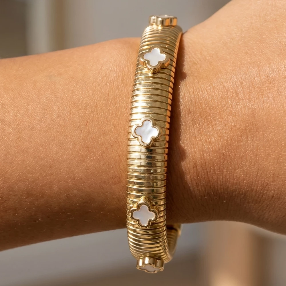 Mother Of Pearl Clover Station Cuff Bracelet