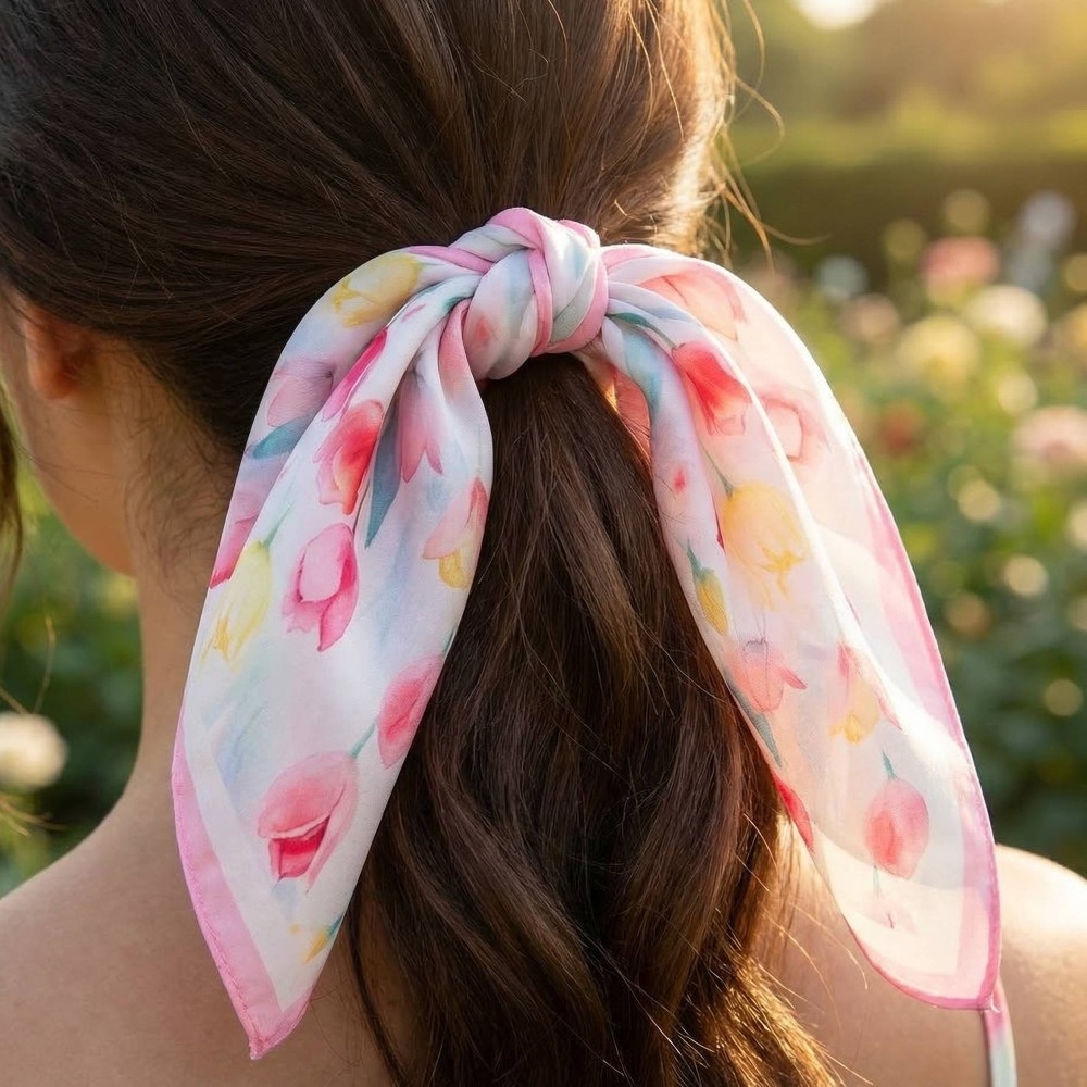 Floral Tulip Pattern Square Bandana Scarf